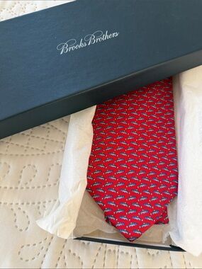 Brooks Brothers Red Silk Tie with Blue Fish Pattern